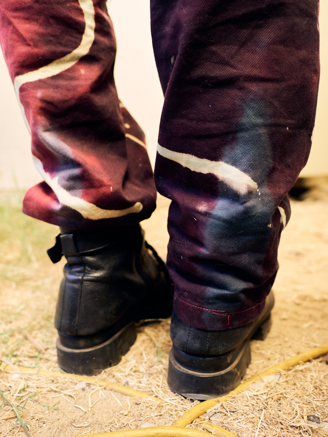 cuff detail of galaxy overalls bleached and dyed maroon overalls ZM2